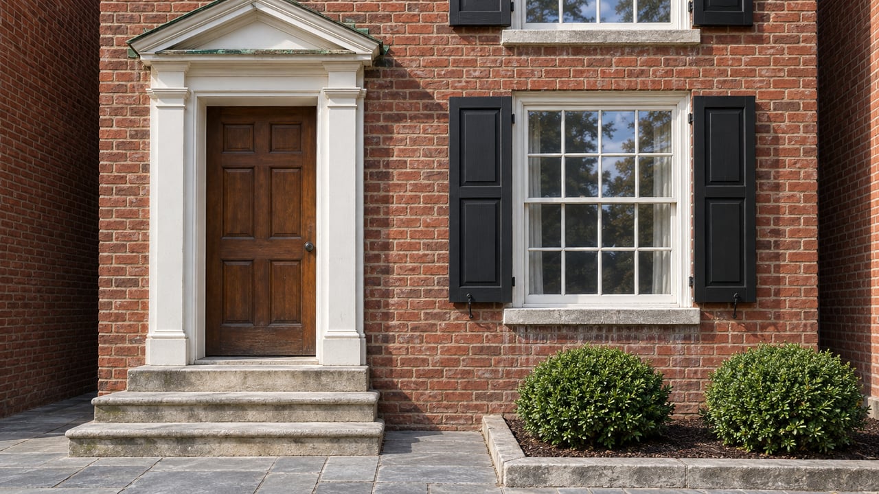 Red-brick home with a white pedimented wood doorway, black-shuttered windows, worn limestone steps and two rounded boxwoods.
