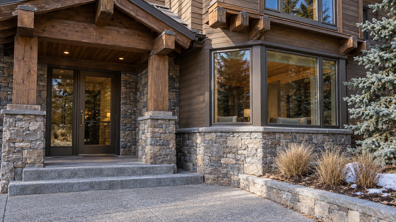 Timber-and-stone condominium entrance beside a bronze-framed window bay, with granite steps and traces of autumn snow.