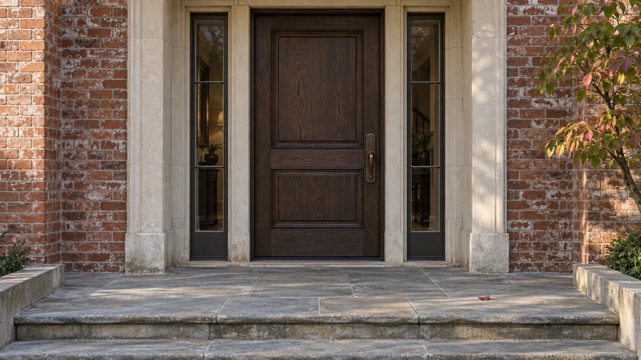Dark oak paneled front door between glazed sidelights in a limestone and red-brick entrance.