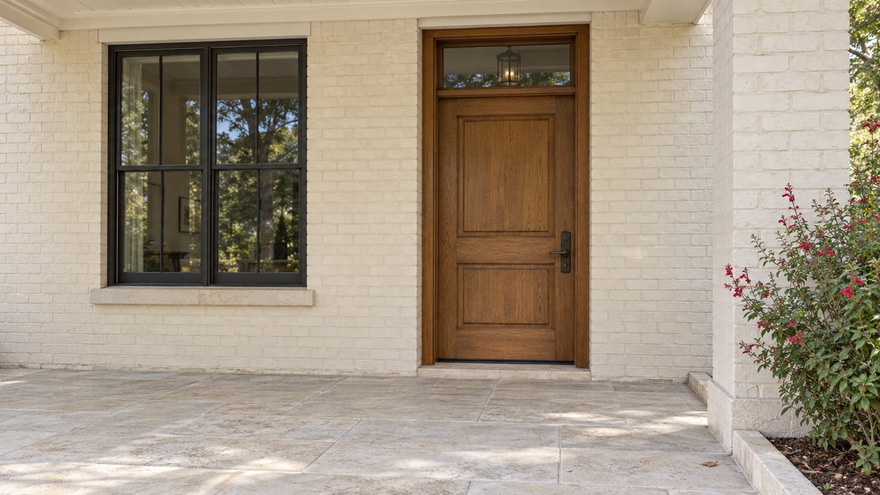 Cream brick covered porch with an oak entry door, glazed transom, black-framed window and pale limestone paving beside red-flowering salvia.