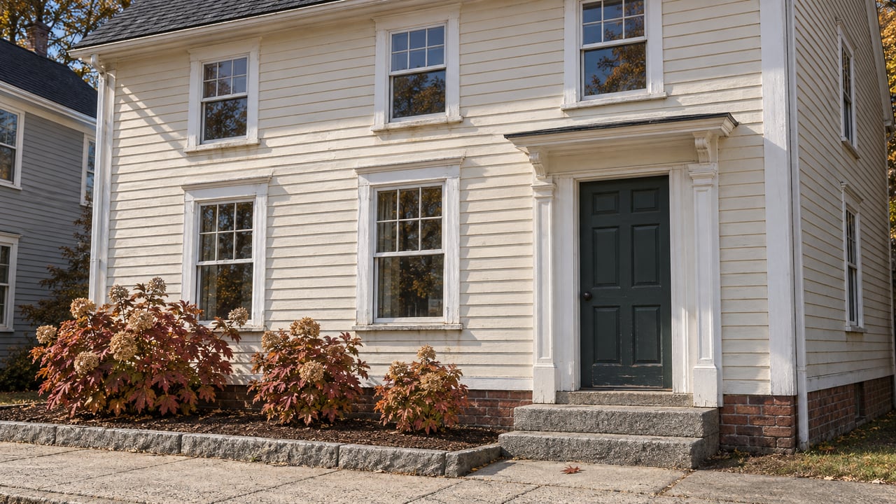 Cream clapboard house with tall sash windows, a green front door, granite steps and autumn oakleaf hydrangeas beside a worn concrete sidewalk.