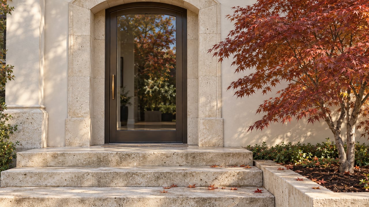 Bronze-framed glass entry door beneath a limestone arch, with stone steps and a copper-red Japanese maple.