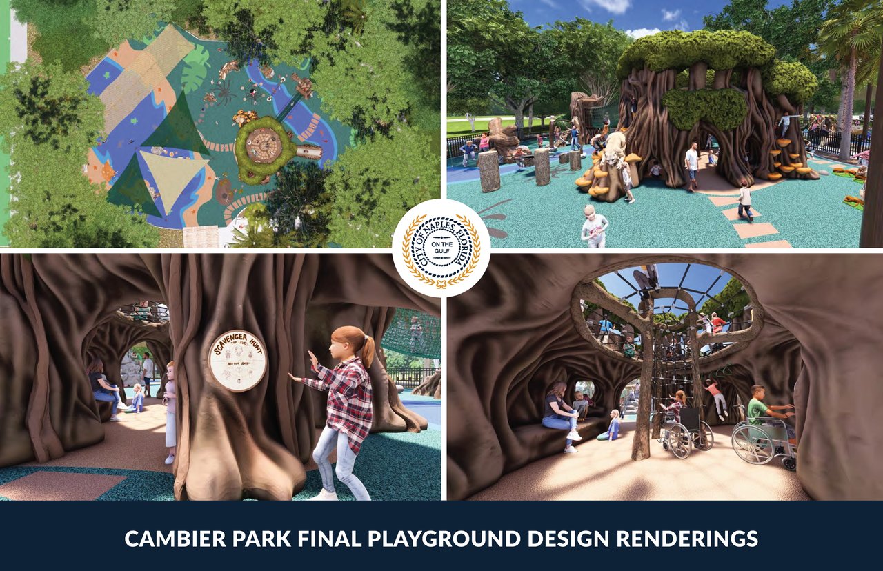 Cambier Park playground design renderings show an aerial plan and a tree-themed play structure.