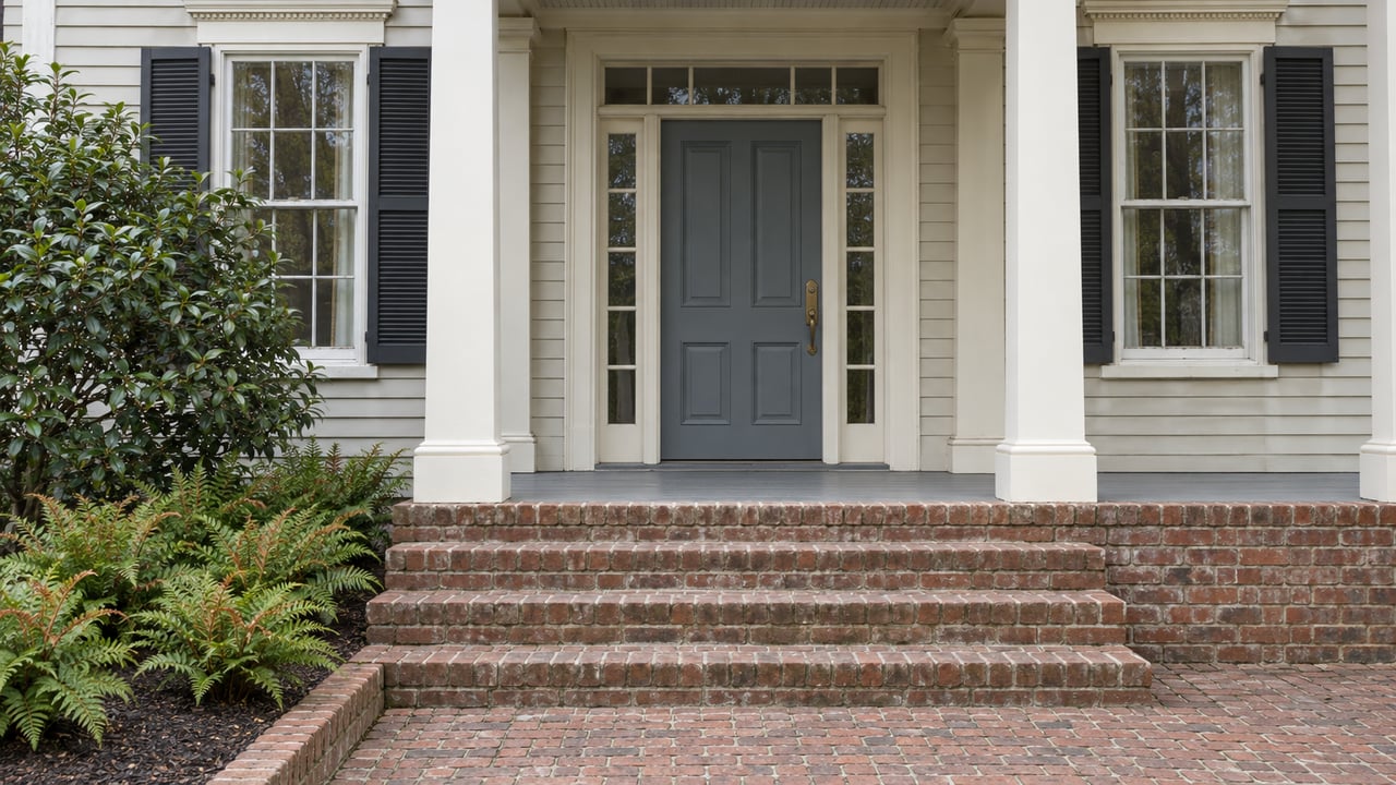 An oyster-painted historic home entry with blue-gray door, paired sash windows, worn brick steps and a camellia beside a fern bed.