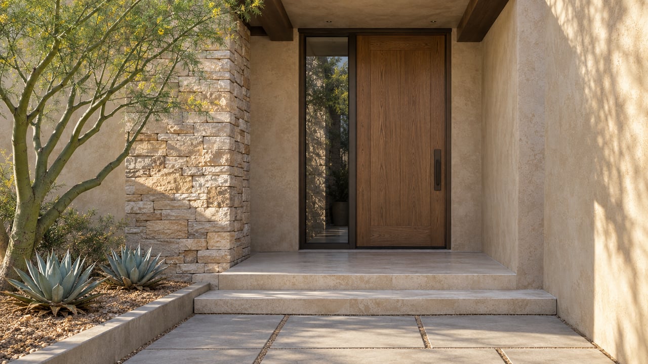 A shaded oak entry door and glass sidelight beneath timber beams, beside buff stone, a green-trunk tree and two agaves in a compact paved desert courtyard.