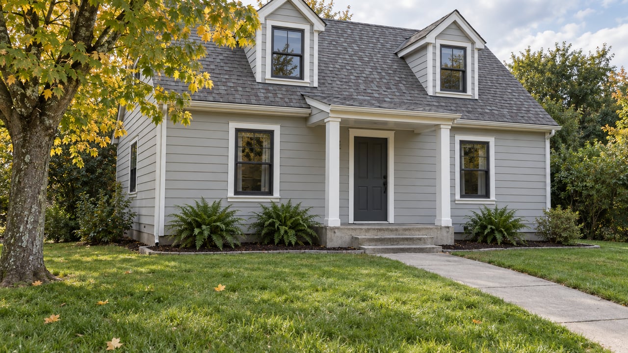 Light-gray gabled home with paired dormers, a small covered entry and a deep green front lawn beneath an autumn maple.