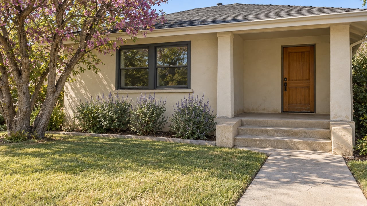 Sunlit ivory stucco home with a recessed porch, timber door, broad window and deep front lawn beside a branching redbud.