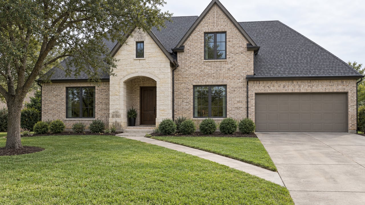 Two-story brick and stone house with an arched entry, attached garage, and front lawn.