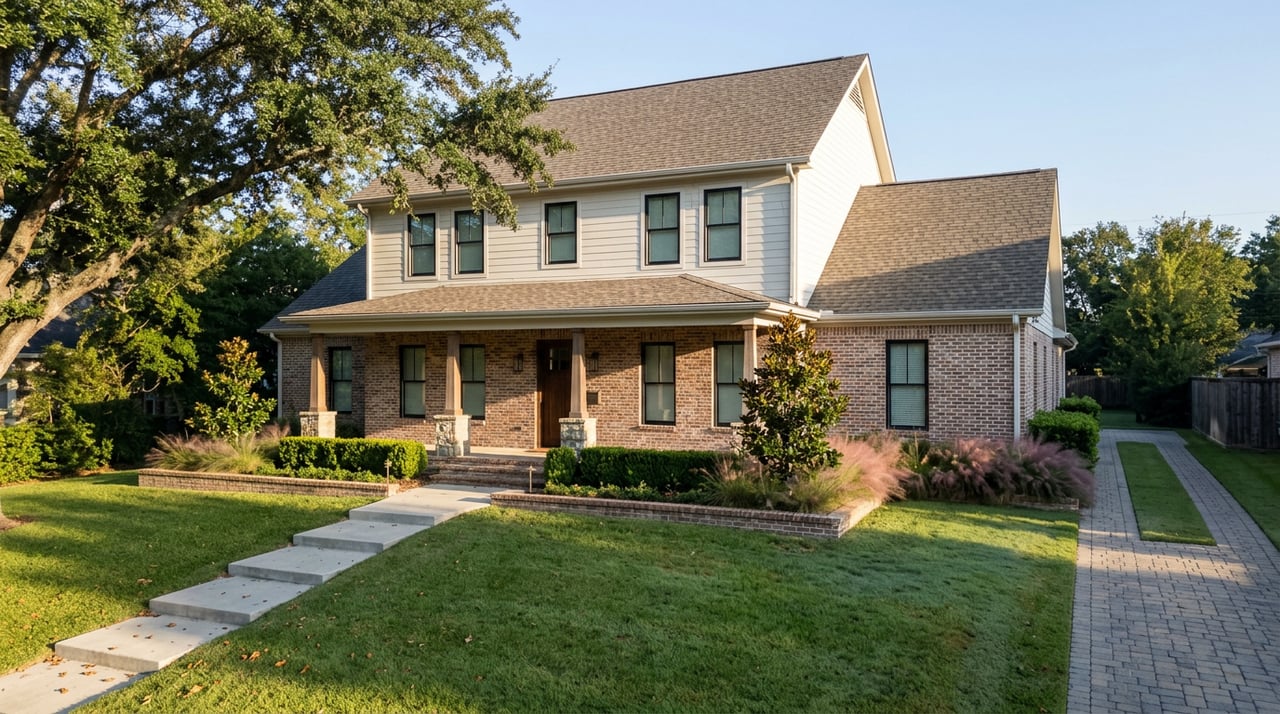 Two-story brick-and-siding home with covered porch, lawn, concrete walkway, and mature oak overlapping the roofline.