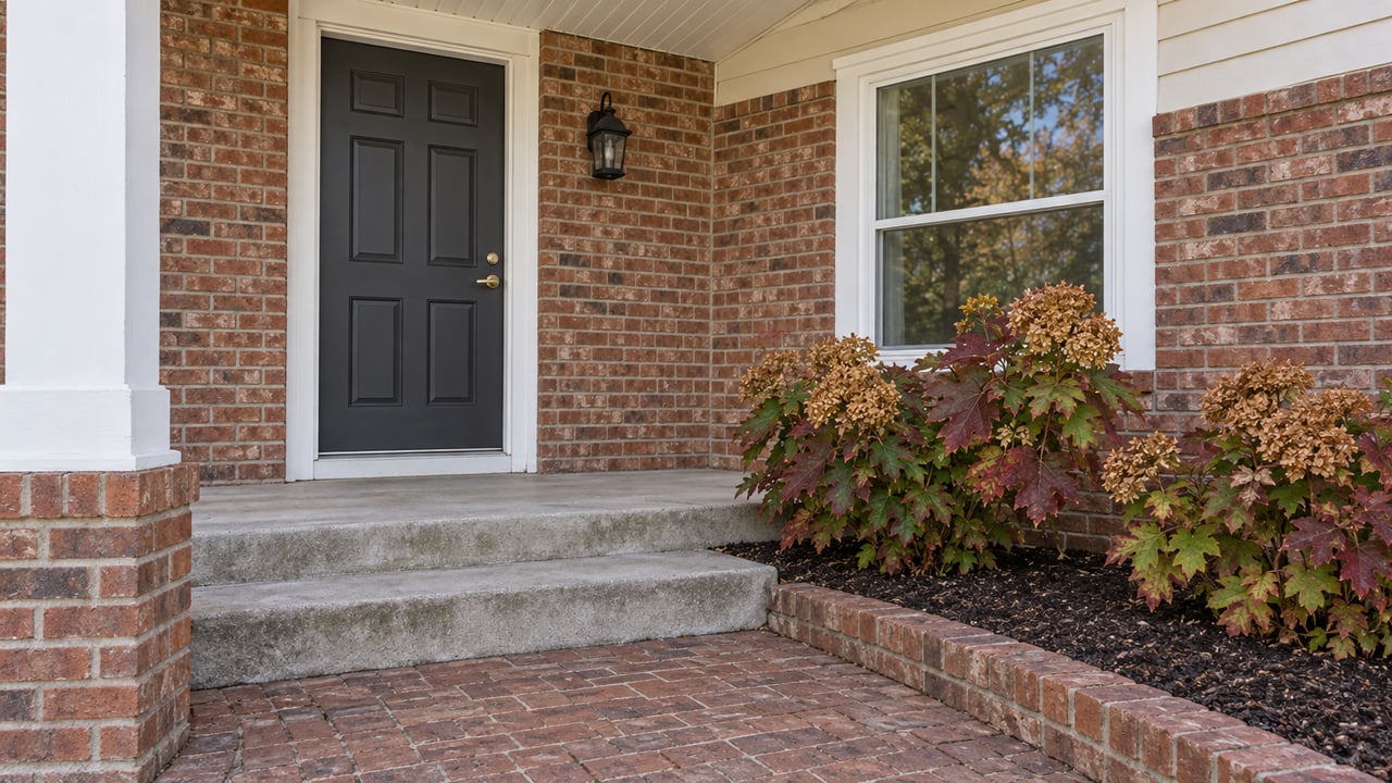 Covered brick entry with an ivory porch column, charcoal door, white-framed window and autumn oakleaf hydrangeas beside concrete steps.