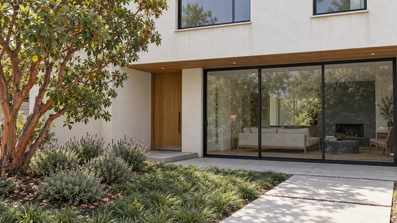 Warm-white contemporary home with oak entry, black-framed glass, and a compact garden beside a pale concrete approach.