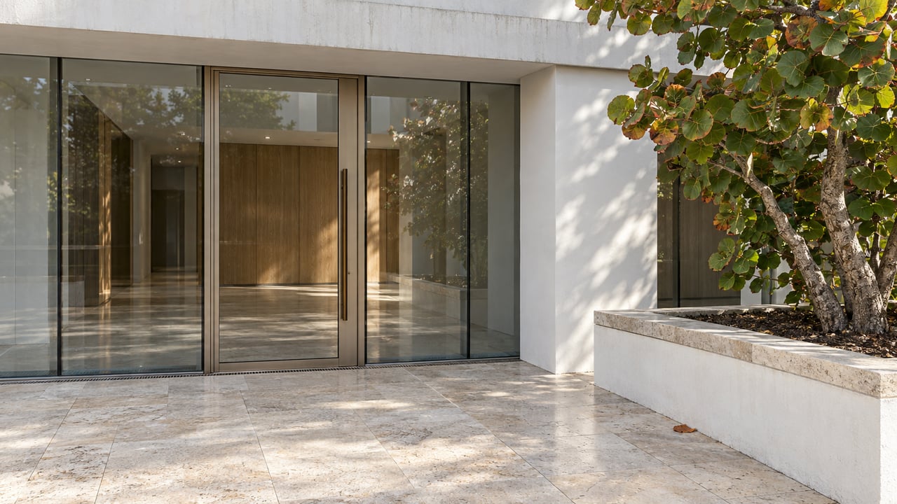 White concrete condominium entrance with tall enclosed lobby glazing, pale limestone paving, and a sculptural sea grape tree in a raised planter.
