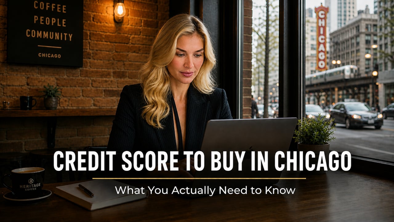 Young professional woman working on laptop at independent Chicago coffee shop with brick walls and street view