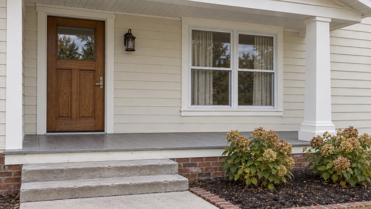 Covered front porch with an oak door, ivory wood siding, brick foundation, and two hydrangea shrubs beside concrete steps.
