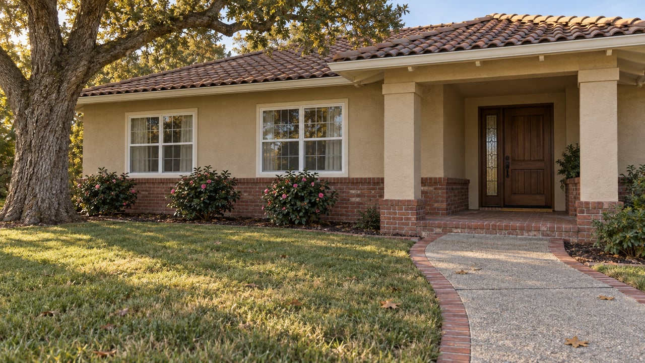 A tan stucco home with a clay tile roof, brick porch, deep lawn and mature oak in afternoon sunlight.
