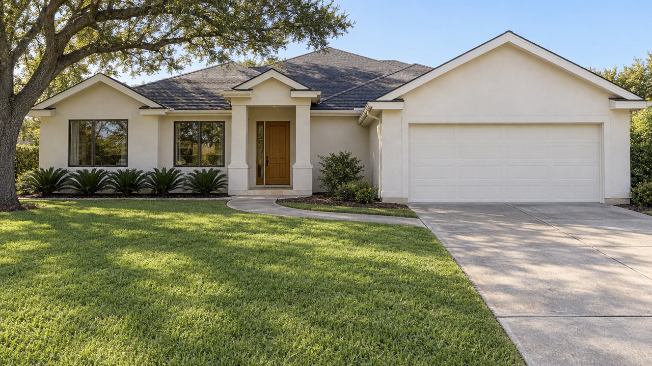 An ivory stucco home with a multi-gable roof, broad front lawn, concrete driveway, and mature live oak.