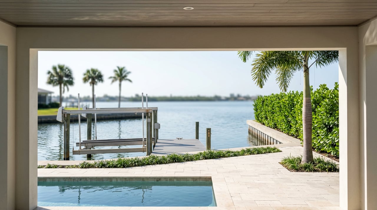 Covered lanai overlooking a pool terrace, private dock, and rippled canal, with a royal palm beside the water.