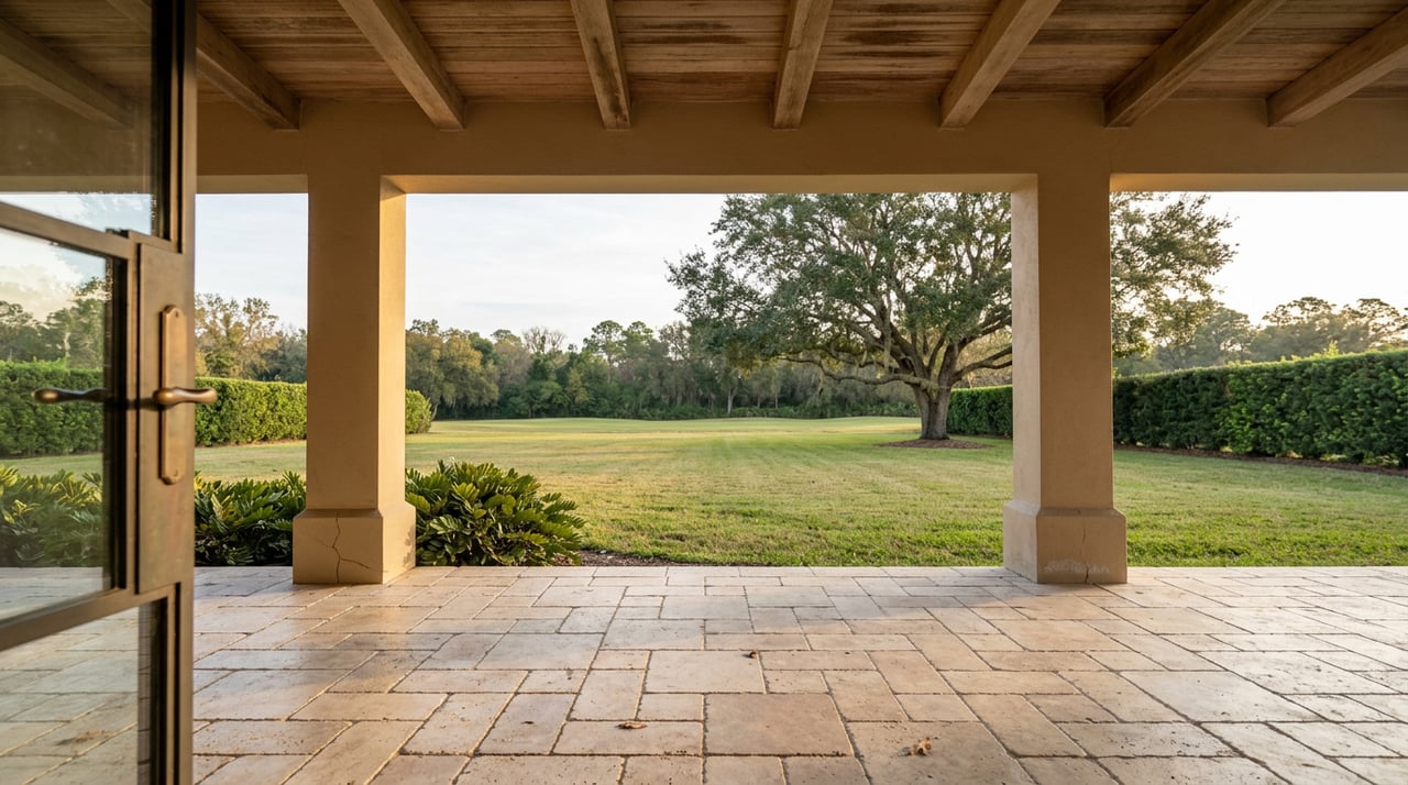 Travertine loggia opens onto a deep lawn, with a broad-canopied oak and clipped hedge beyond.