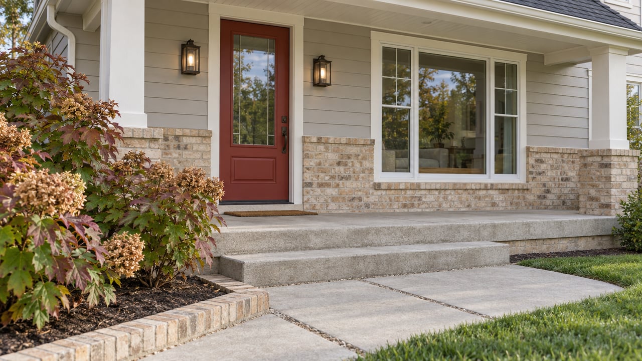 Red front door beneath a shallow pitched porch roof, with paired bronze lights, buff brick, gray siding and autumn oakleaf hydrangeas beside concrete steps.