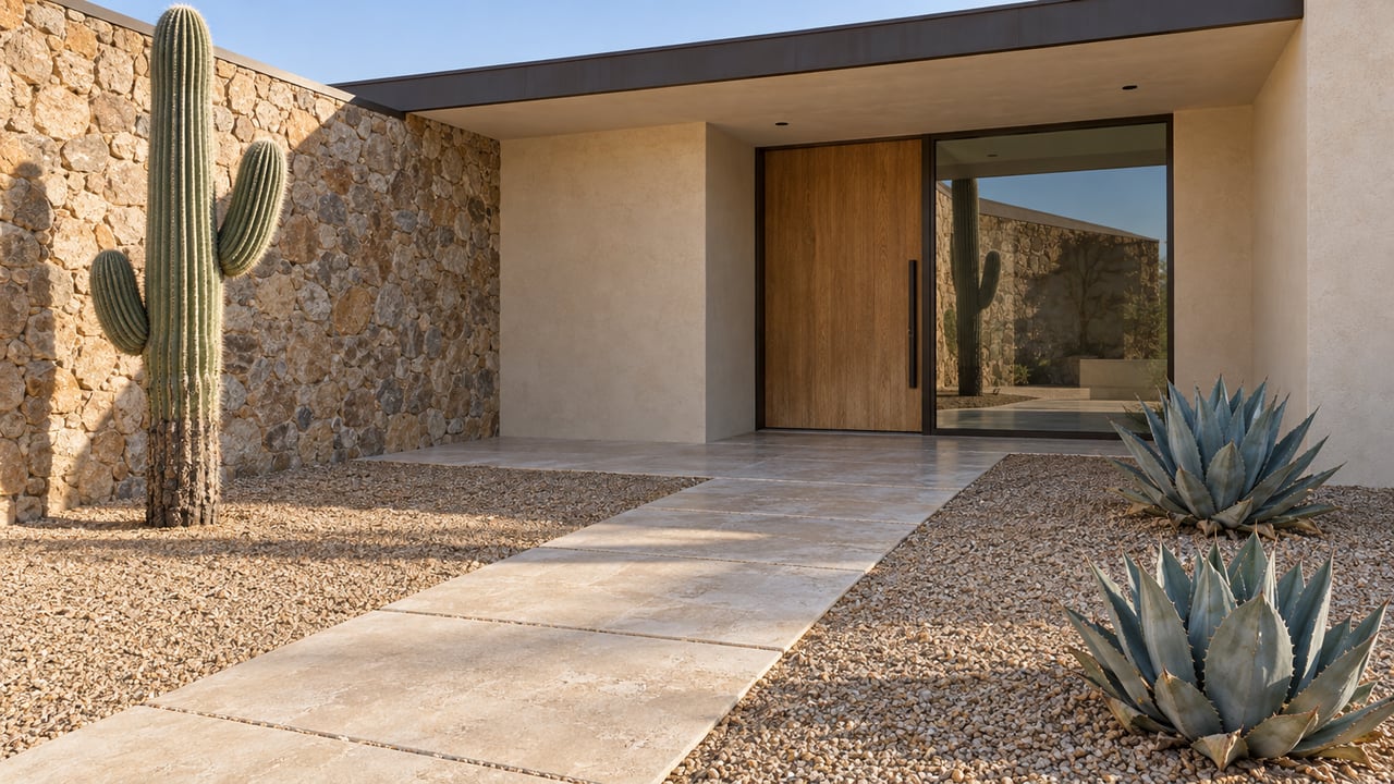 Low desert-modern home with a shaded oak entry, tawny stone wall, limestone approach, one branching saguaro and two blue-gray agaves.
