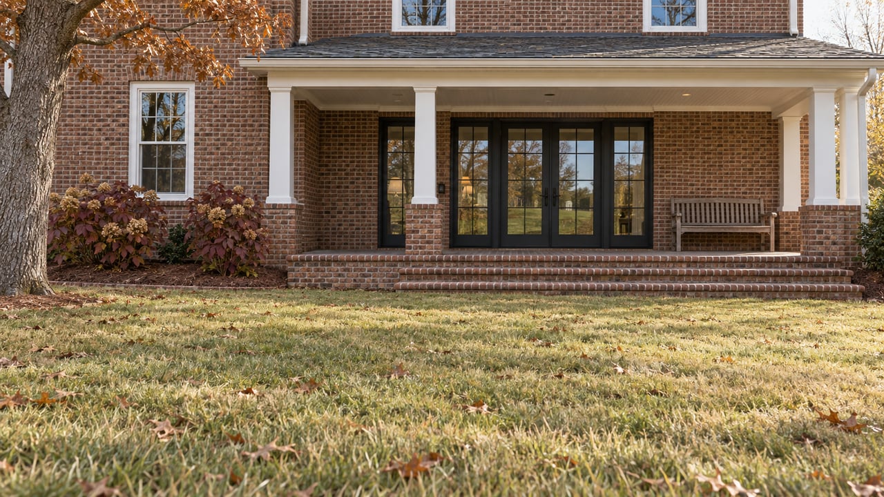 Traditional brick home's covered rear porch and broad steps overlooking a gently sloping autumn lawn, with oakleaf hydrangeas and a mature white oak.