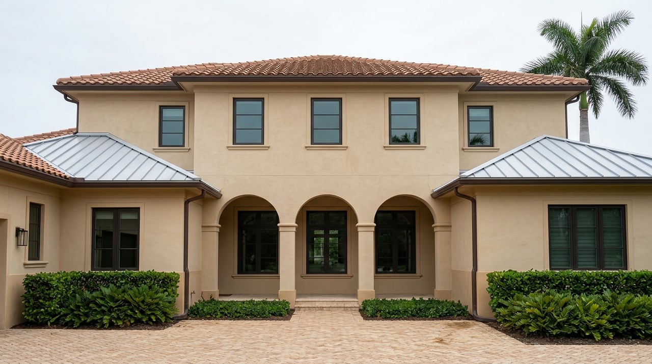 Two-story sand-colored stucco estate with a three-arch loggia, terracotta roof, brick motor court, and royal palm.