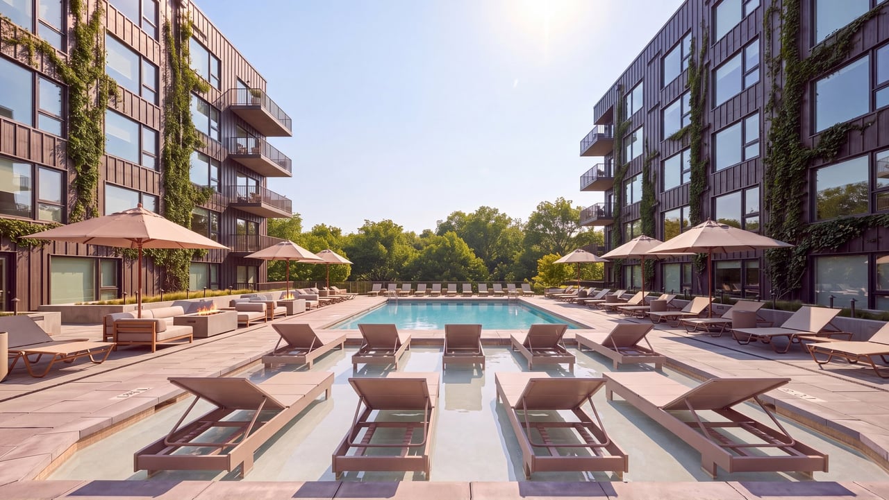 Outdoor pool courtyard between modern residential buildings, with lounge chairs and shaded seating.