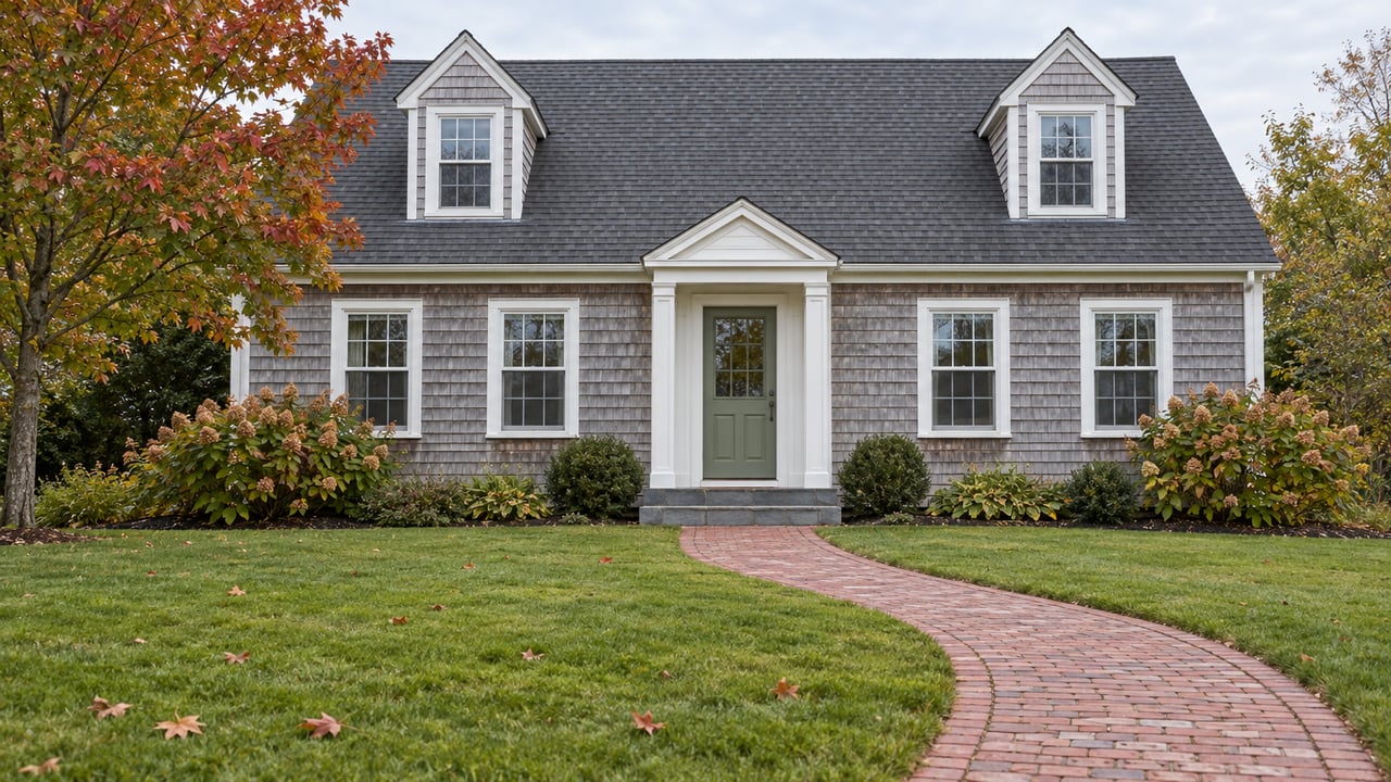 Cedar-shingled home with white-trimmed dormers, a sage front door, brick walk, and autumn lawn beneath soft overcast light.