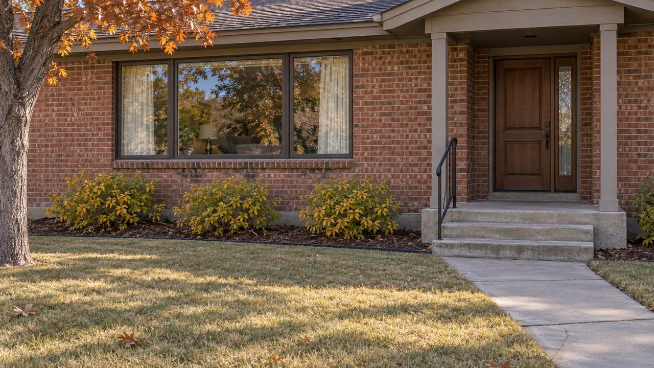 Brick ranch entry beyond a deep autumn lawn, with worn concrete steps, dark-framed windows and a copper-leaved oak.