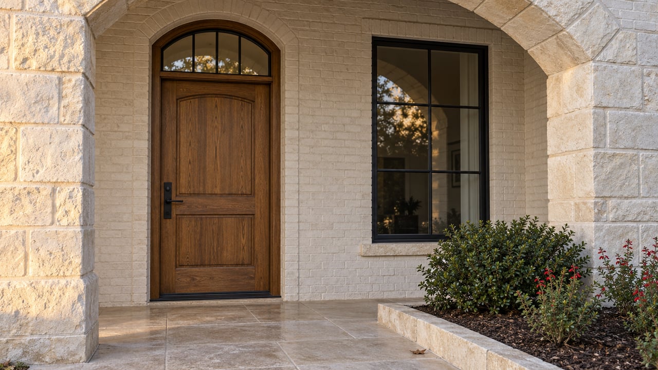 Warm evening light grazes a limestone arch around an oak front door beside an ivory brick wall, black-framed window and planted stone landing.