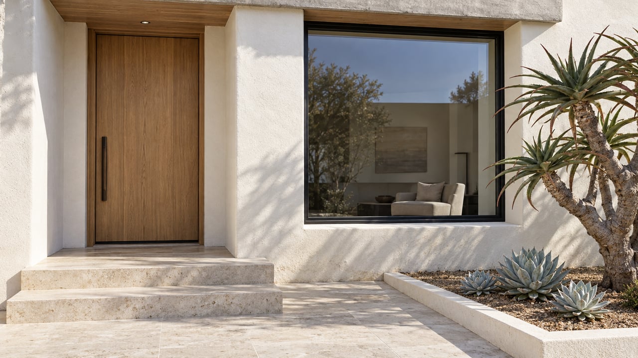 Sunlit white stucco residence with a recessed oak door, black-framed window, pale stone entry steps and sculptural aloe planting.