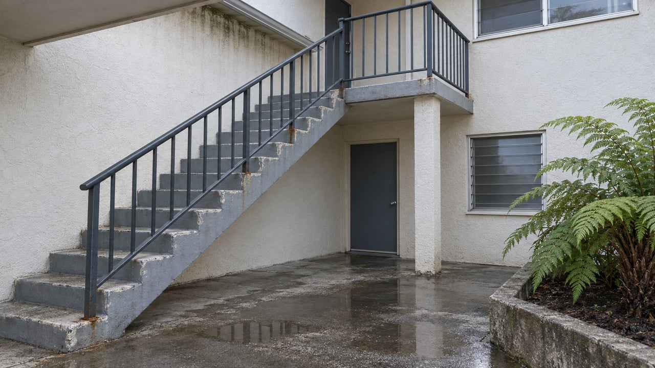 Off-white apartment facade with a blue-gray exterior staircase, slate door, and fern beside a rain-darkened walkway.
