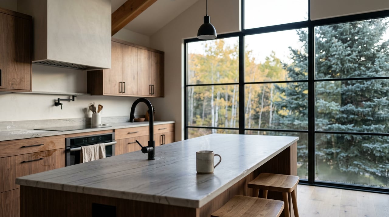 Walnut kitchen island with a steaming mug, beneath a timber beam; golden aspens show through the window.