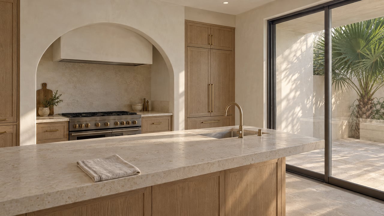Pale oak kitchen with a limestone island, arched range niche, and closed glass slider overlooking a palm-framed patio.