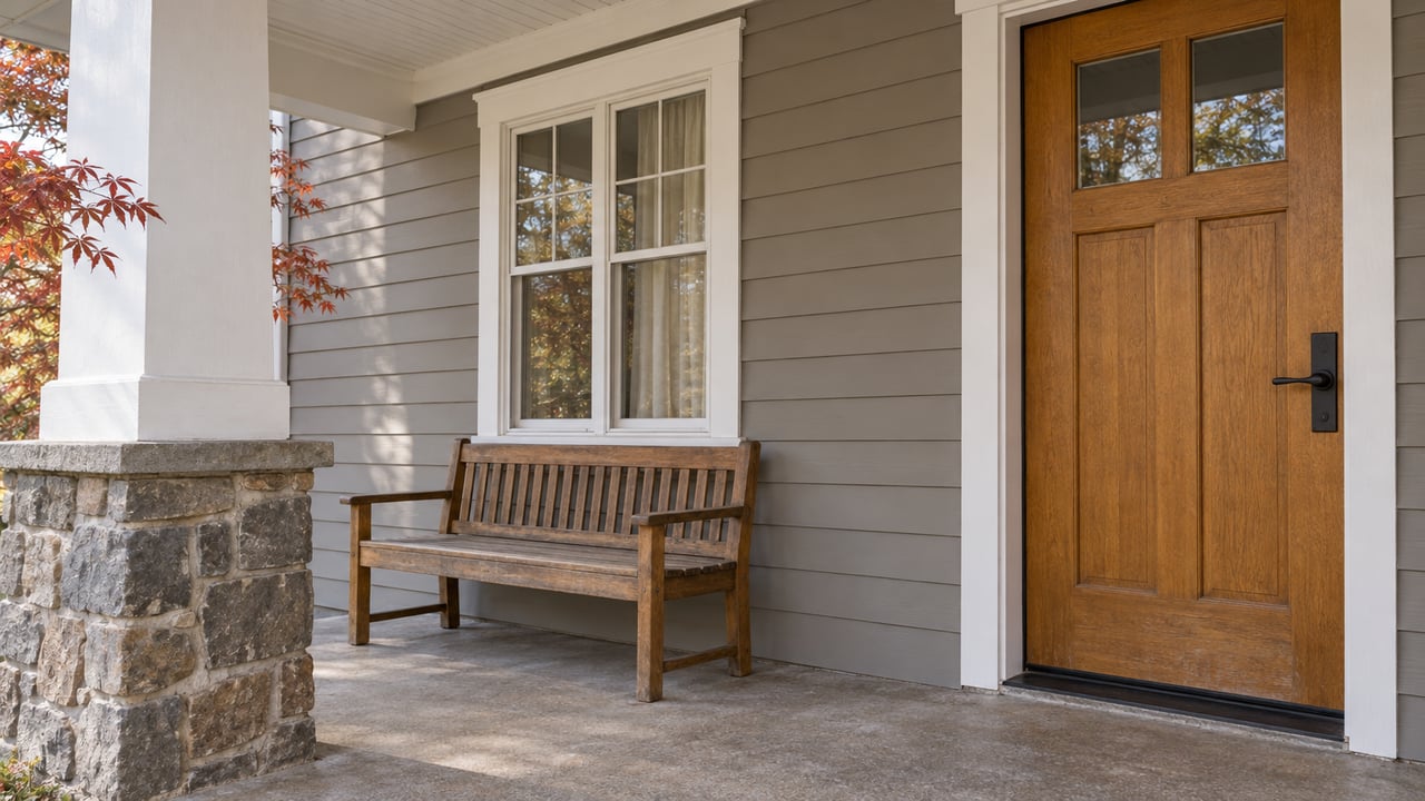 Covered front porch with gray lap siding, an oak entry door, a wooden bench and a stone-based white column.