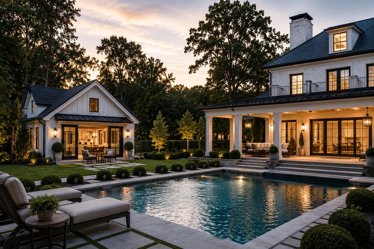 Luxury Nashville estate featuring a spacious main residence, a detached guest house, resort-style swimming pool, and professionally landscaped grounds, showcasing the privacy and versatility of high-end Tennessee luxury homes.