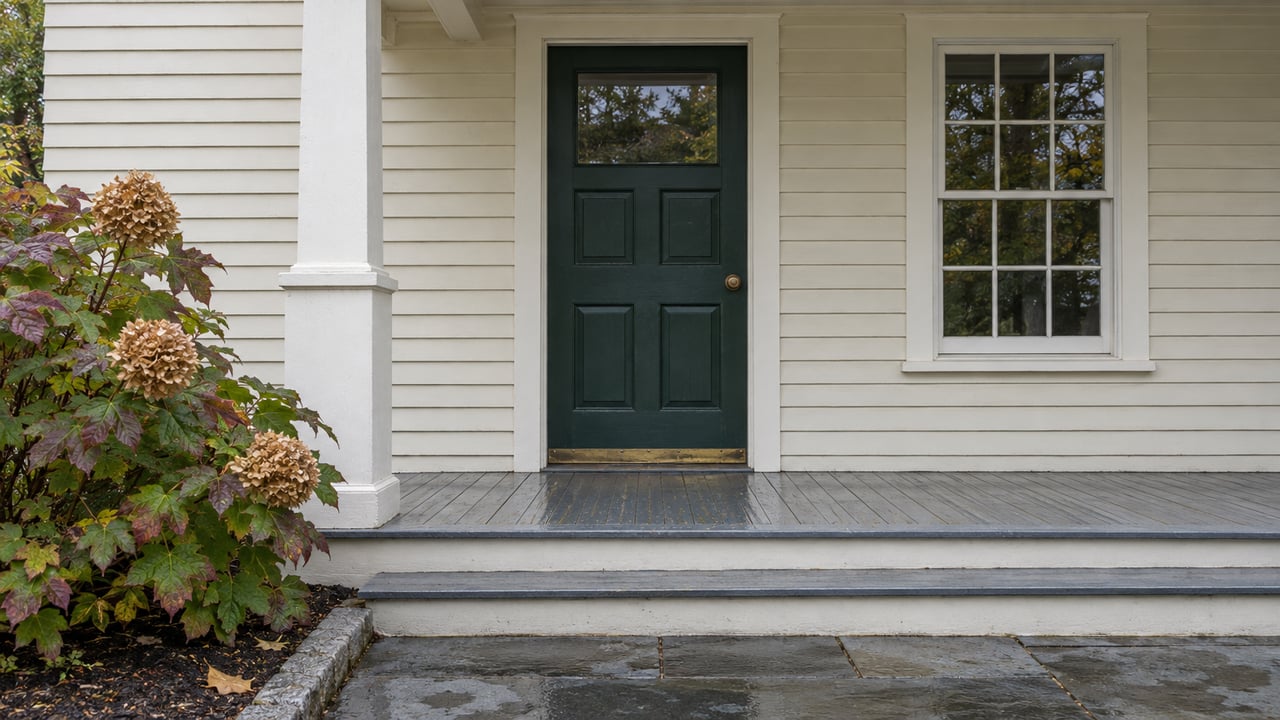 A cream clapboard home's covered entry with a dark green door, damp stone approach and autumn oakleaf hydrangea.