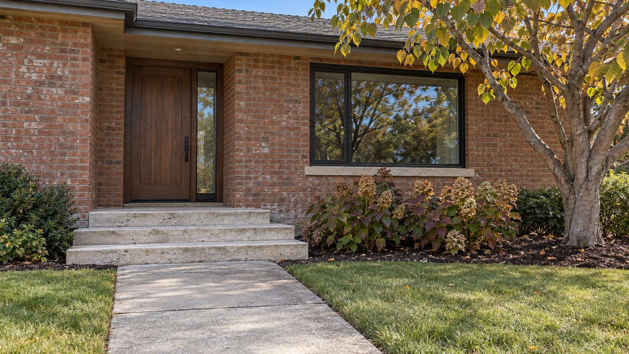 A brick home's recessed wood entry and broad window above limestone steps, with an open lawn and autumn planting.