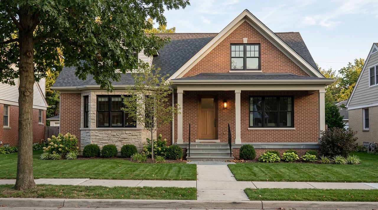 Brick-and-limestone house with a gabled porch, black windows, and mature oak canopy.