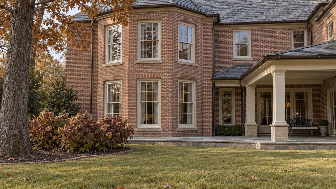 Autumn light on a red-brick home's tall windows and covered stone terrace beyond a deep lawn and oakleaf hydrangeas.