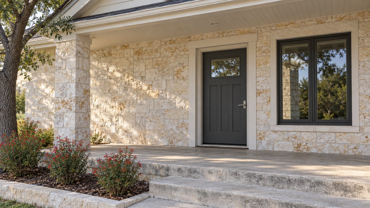 Covered entry with cream limestone walls, a charcoal front door, concrete steps and red-flowering autumn sage.