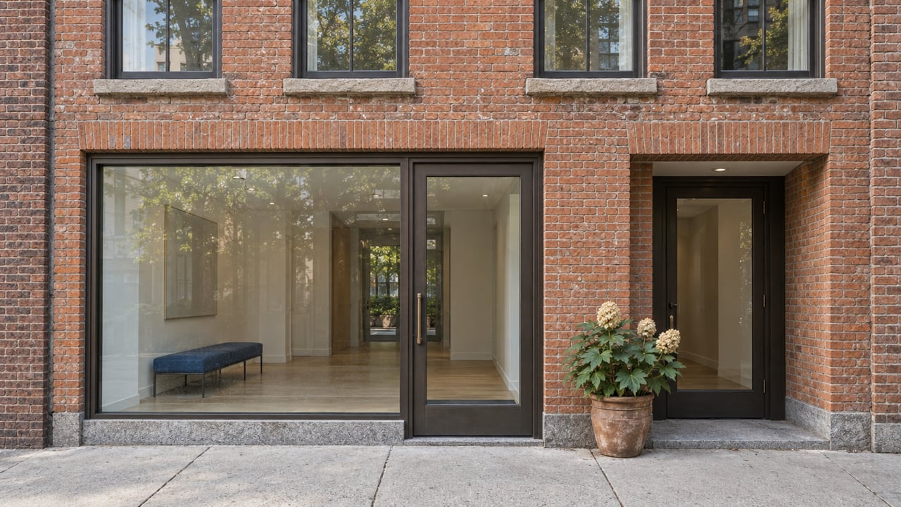 Weathered red-brick residential facade with tall sash windows, bronze-framed lobby glass, and a recessed entrance beside an oakleaf hydrangea.
