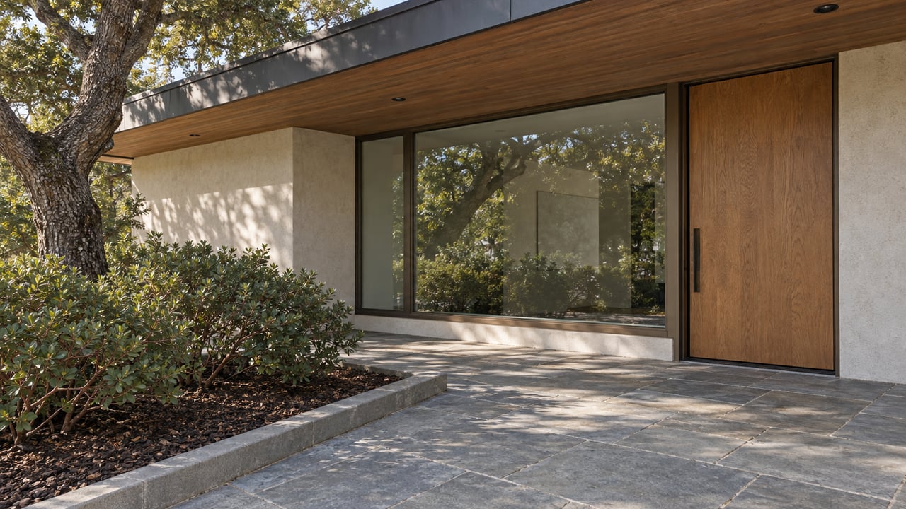 Covered entry of a single-story home with cedar soffit, oak door, bronze-framed window and sandstone paving beside a mature live oak.