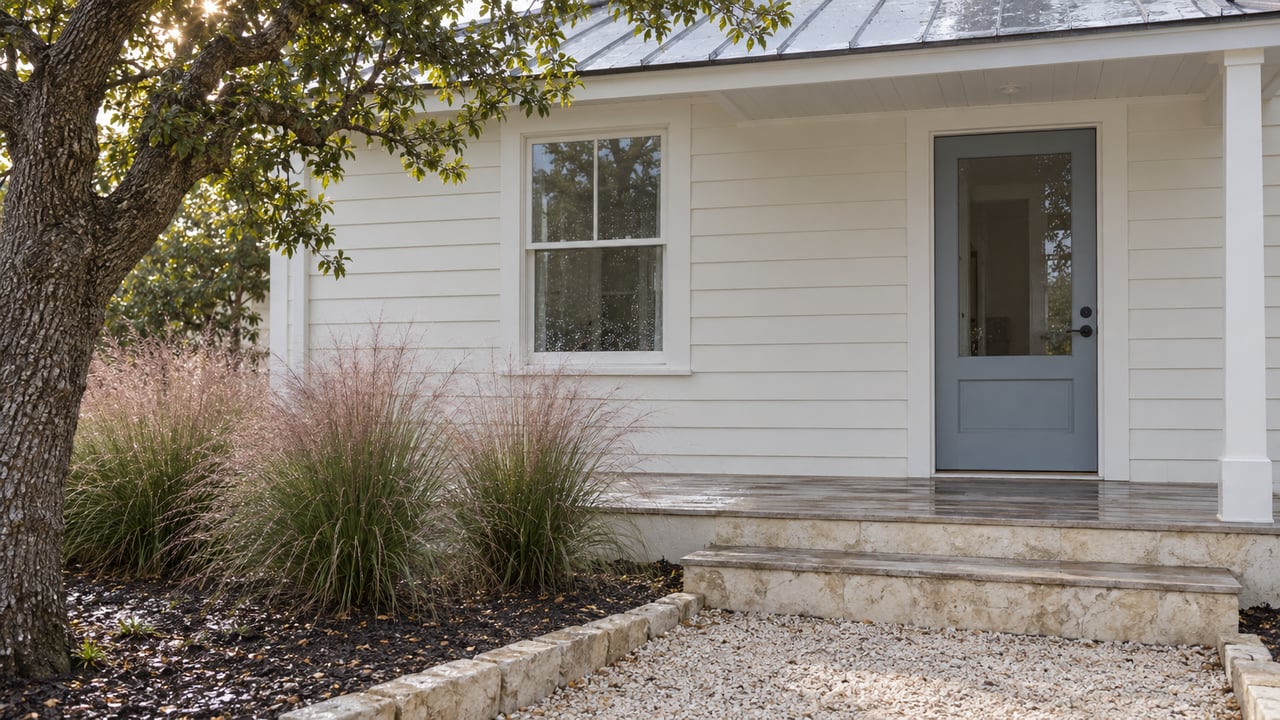 Cottage entry with blue-gray glazed door, limestone steps, shell path, and grasses beneath an oak.