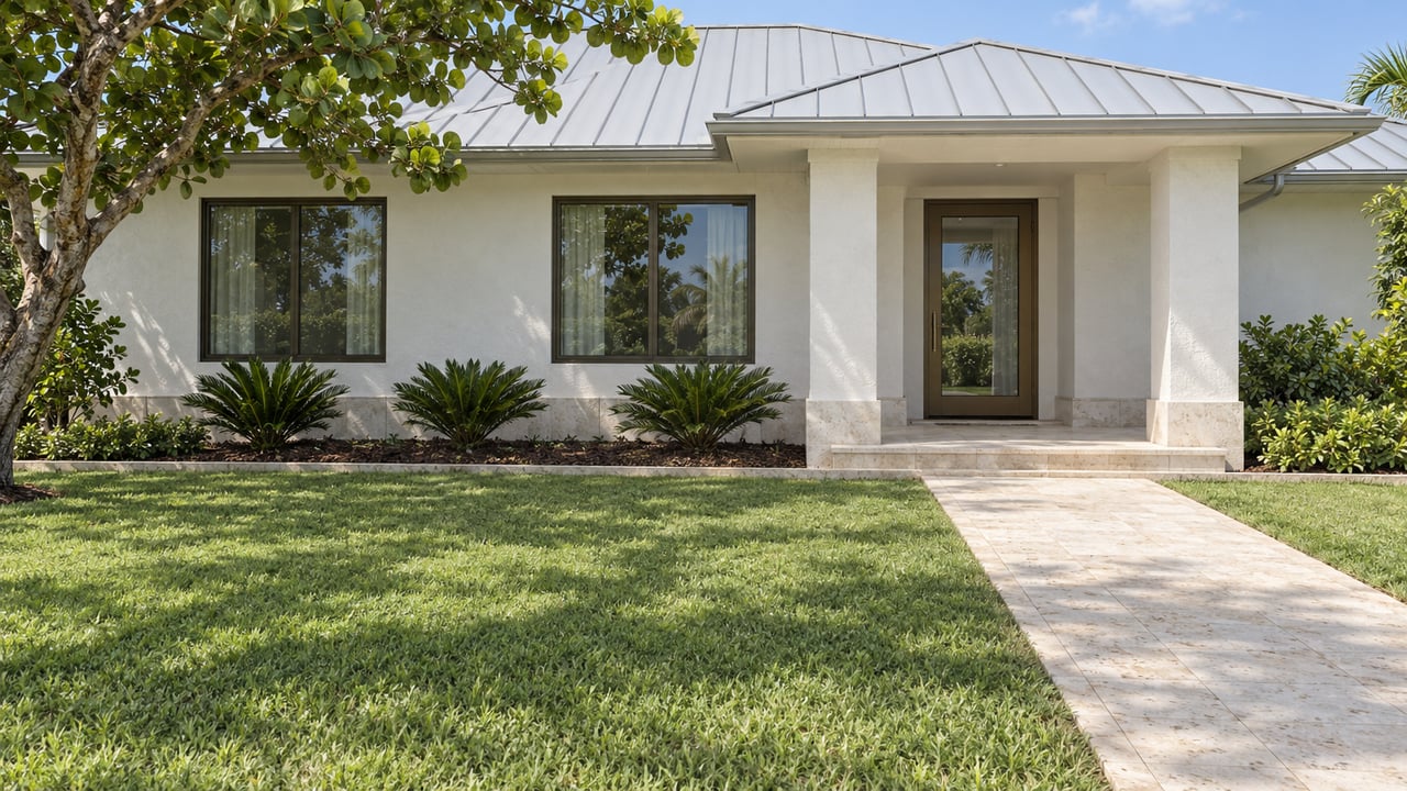 White stucco home with a silver hipped roof, bronze-framed windows and a recessed glazed entry beyond a broad lawn and limestone path.