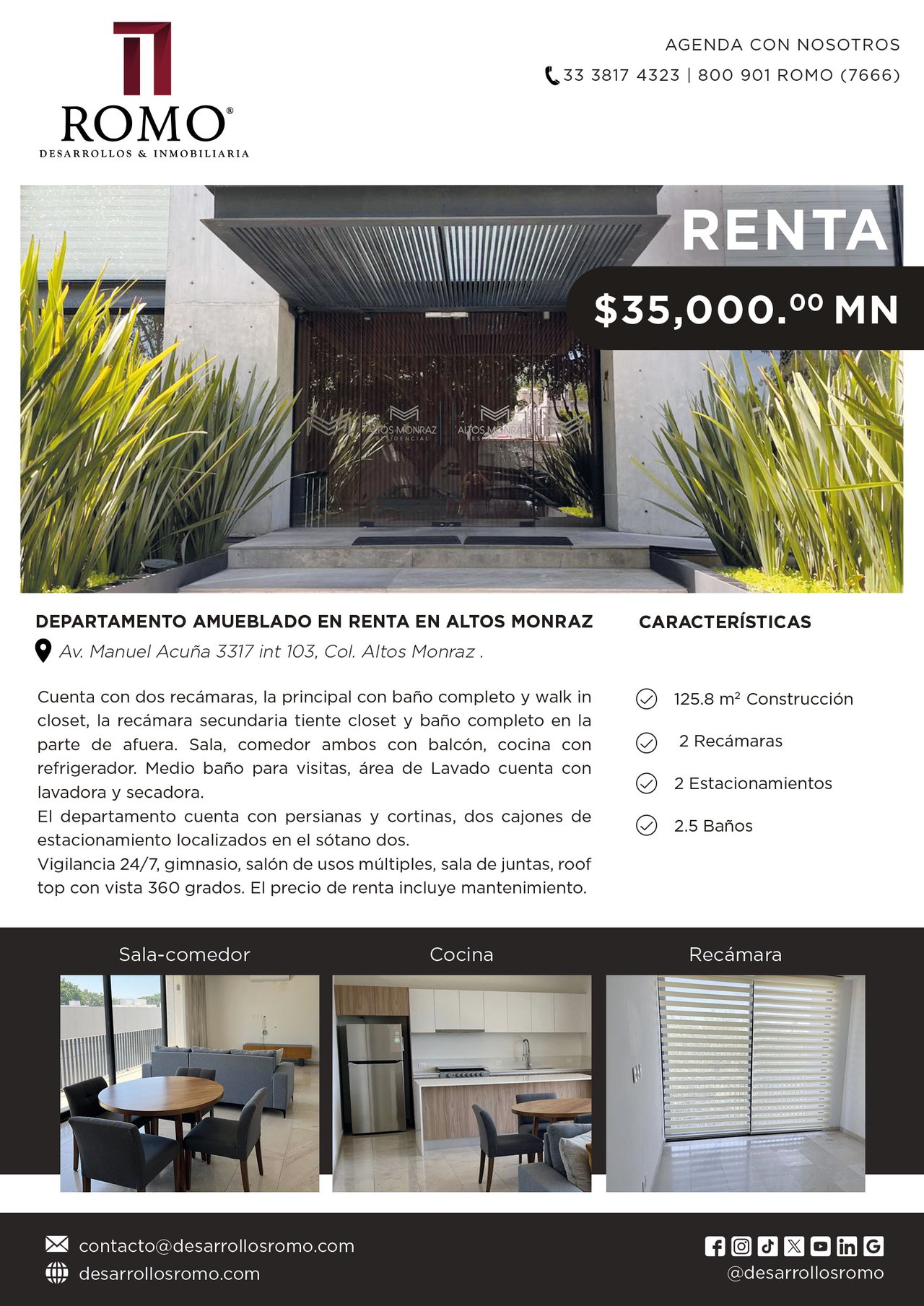 Departamento amueblado en renta en Altos Monraz $35,000.00 MN  
