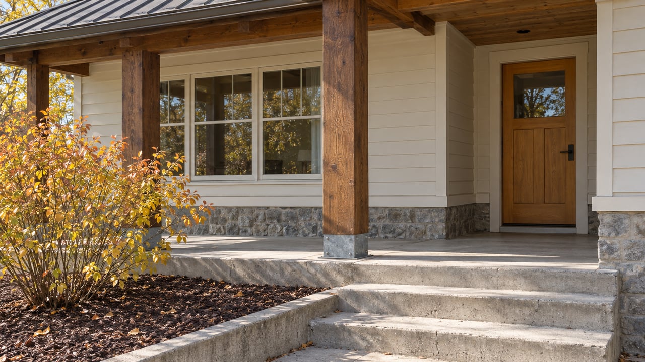 Bungalow porch with two timber posts, a honey-colored door, concrete steps, and a copper-yellow shrub.