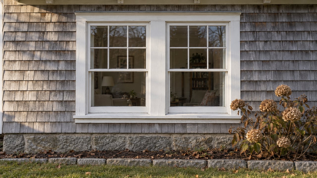 Late-fall sunlight grazes weathered cedar shingles around white-trimmed windows above a granite foundation and dried hydrangea blooms.