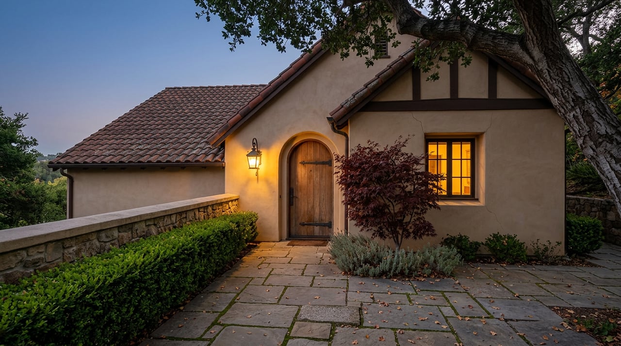 Stone courtyard leading to an arched oak door, lit by a glowing window and iron lantern beneath an oak canopy.
