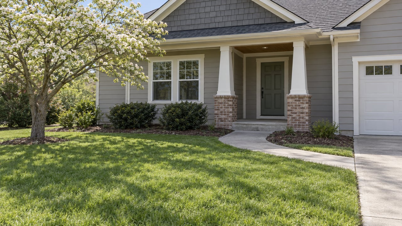 Suburban house with a muted-sage entry door, brick-based porch columns, flowering dogwood, and broad front lawn.